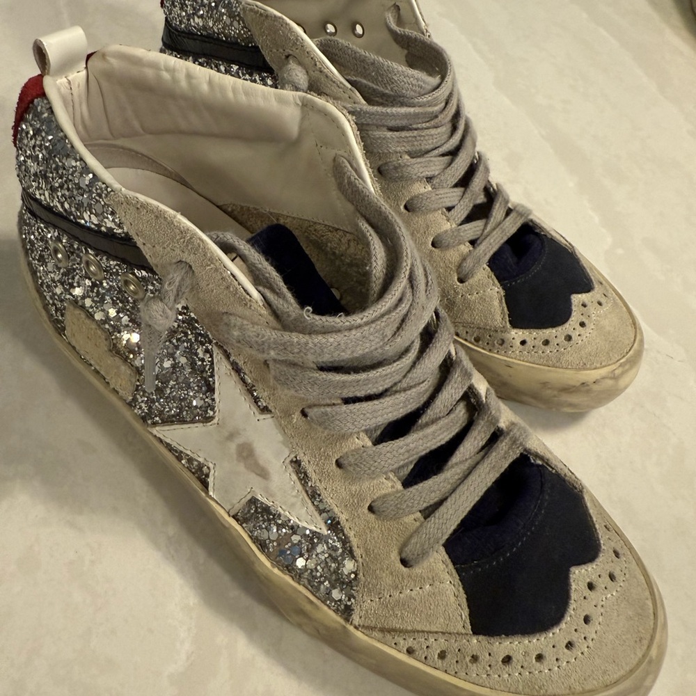 Golden Goose Silver and Red Mid-Top Sneakers
